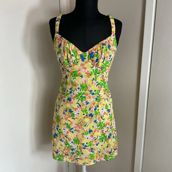 24. Sky to Moon Yellow Green Spaghetti Strap Mini Sundress for a Night Out SZ M - Picture 3 of 9